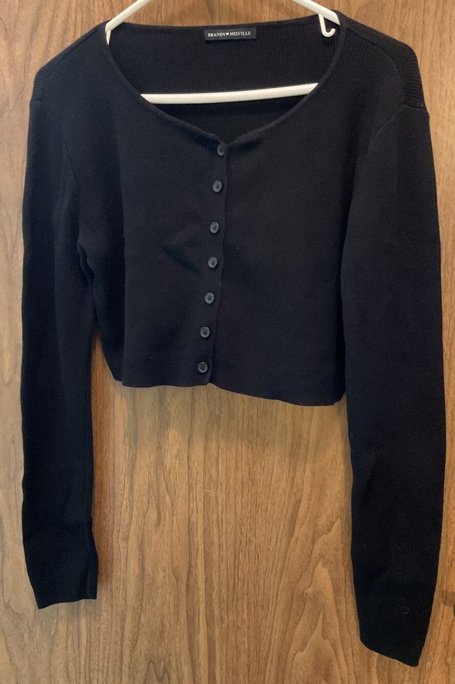 Brandy Melville Black Rib-Knit Cropped Button-Front Cotton Cardigan Medium